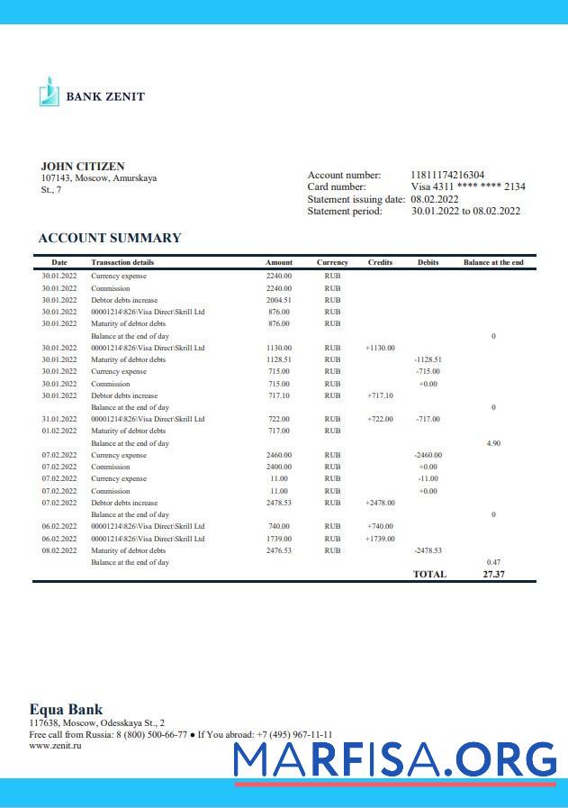 Downloadable Russia Zenit bank statement word download for verification